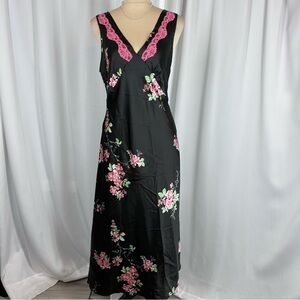 Jones New York Sz M Long Black Pink Lace Slip Dress Satin Adjust Straps V neck